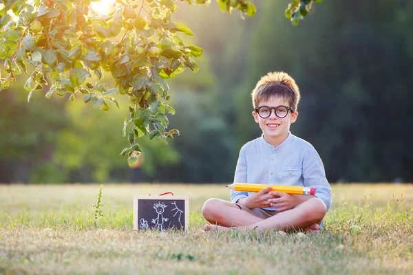 Netter kleiner Schuljunge freut sich auf den Schulbesuch — Stockfoto