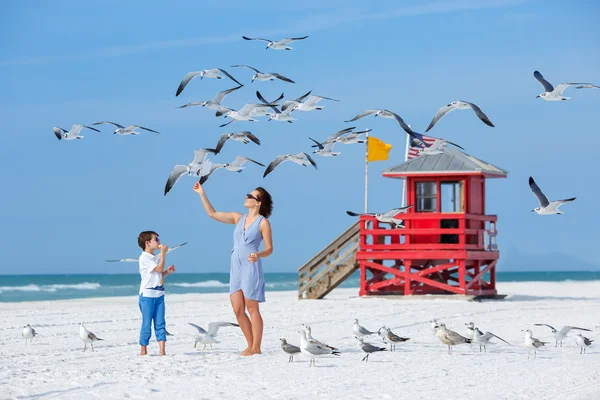 Joven madre y su hijo alimentando gaviotas en la playa tropical — Foto de Stock