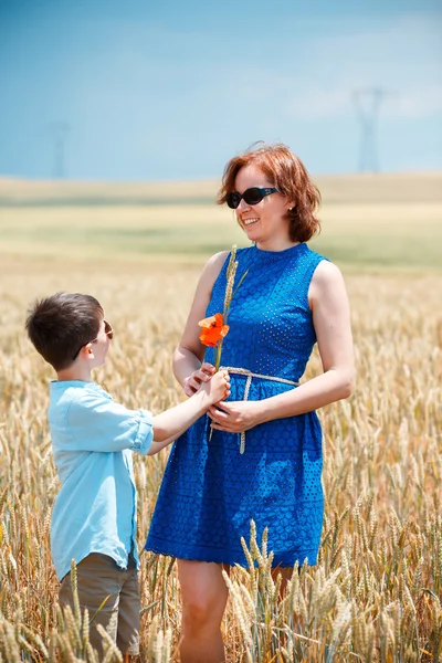 Glad mamma med lille son vandrar glatt i vete fält — Stockfoto