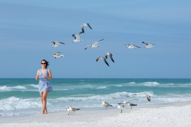 Genç kadın martılar tropikal Beach, Florida besleme