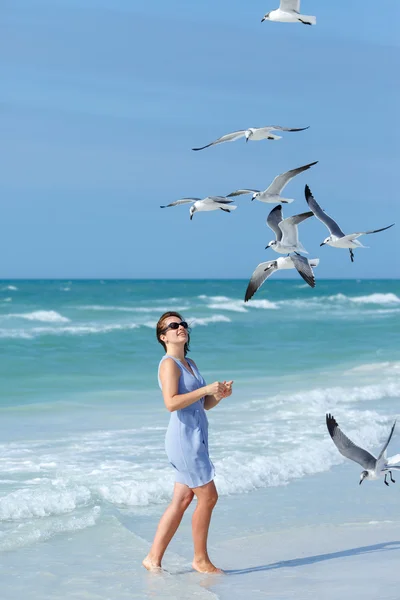 Jovem mulher alimentando gaivotas na praia tropical, Flórida — Fotografia de Stock