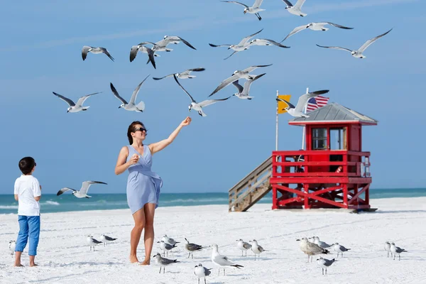 Young mother and her little son feeding seagulls on tropical beach — Stock Photo, Image