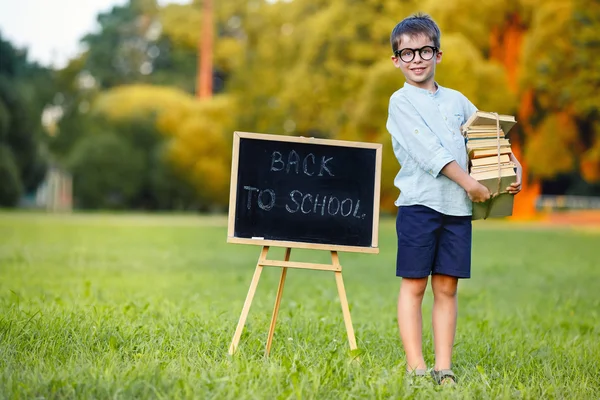 Netter Schuljunge mit einem großen Stapel Bücher — Stockfoto