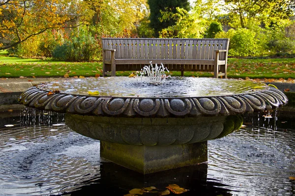 Осенние Узоры Падать Парке Крупный План Старого Каменного Фонтана Оксфордском — стоковое фото