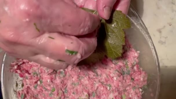 Cooking Azerbaijani dolma. A woman puts minced meat on a green leaf for dolma. Rolls of vine leaves and meat. Home cooked dolma wrapped in vine leaf. Turkish meat course, meat dish. — Stock Video