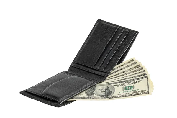 Schwarze Ledertasche mit Geld isoliert auf weißem Hintergrund. — Stockfoto