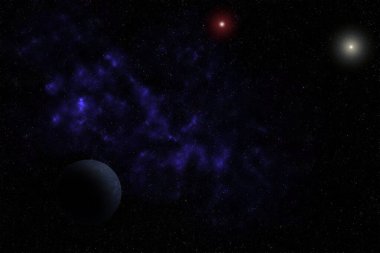 Nebula ve gezegenlerle dolu yıldızlı gökyüzü manzarası.