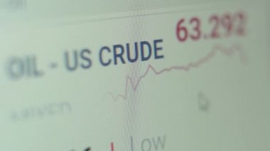 Dünyadaki ham petrolün fiyatı online olarak değişiyor. ABD ham petrolünün yükselişi ve düşüşü. Bir dizüstü bilgisayar ekranında dijital fiyatlar biçiminde mali veriler.
