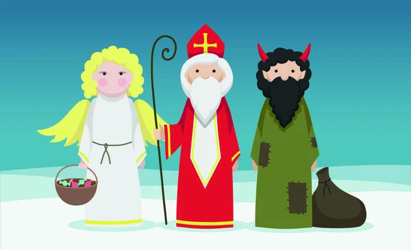 Sint Nicolaas Duivel Engel Vector Illustratie Winterachtergrond Kerstkaart — Stockvector
