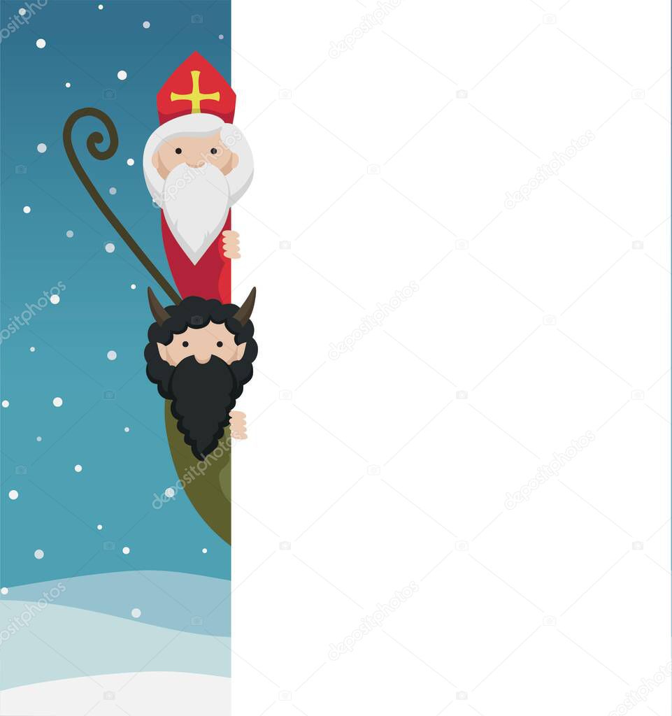 Saint Nicholas and devil - vector illustration, winter background, christmas card