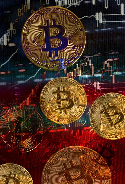 Fondo Bitcoin Bitcoin Aislado Sobre Fondo Azul Rojo Tecnología Blockchain — Foto de Stock