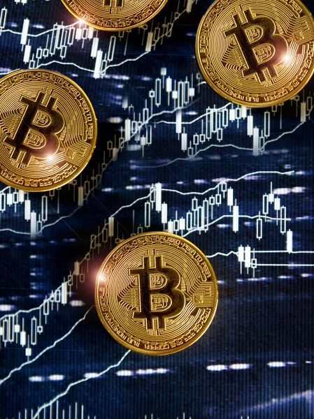 Fondo Bitcoin Bitcoin Aislado Sobre Fondo Azul Rojo Tecnología Blockchain — Foto de Stock