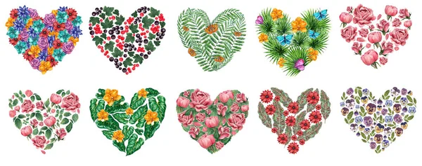 Big Set Botanical Heart Shaped Wreaths Made Flowers Yellow Purple — Φωτογραφία Αρχείου