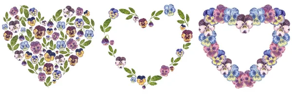 Set Botanical Heart Shaped Wreaths Made Viola Flowers Green Purple — Φωτογραφία Αρχείου