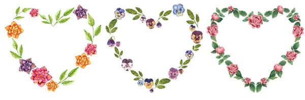 Set Botanical Heart Shaped Wreaths Made Viola Dahlia Rose Flowers — Fotografia de Stock