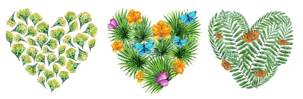 Set Botanical Heart Shaped Wreaths Made Exotic Flowers Ginko Leaves — 图库照片