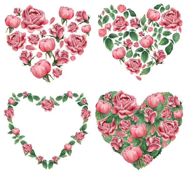 Set Botanical Heart Shaped Wreaths Made Rose Flowers Pinkand Green — Stock Photo, Image