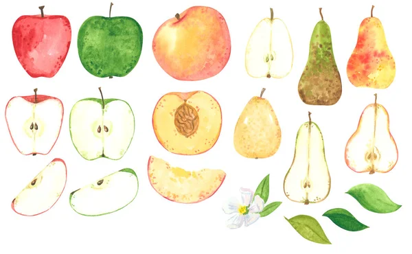Apfel Pfirsich Und Birne Cliparts Set Cartoon Stil Handgezeichnete Aquarell — Stockfoto