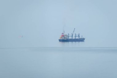 Sisli bir sabahta kargo gemisi denize demir attı. Deniz ufukla birleşir. Batumi, Georgia. Yumuşak odaklı fotoğraf.