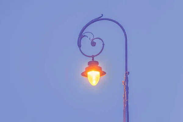Beautiful vintage street light with flower decoration at dusk. Toned in purple color