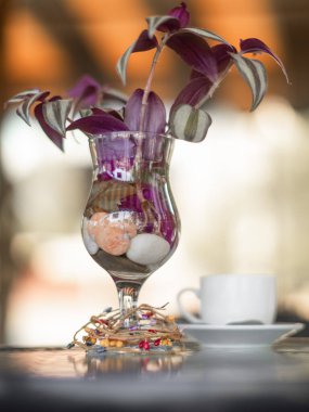 Dekoratif vazo, çiçek ve kahve fincanı ile büyük bir pencerenin arka planında bir kahve dükkanında.