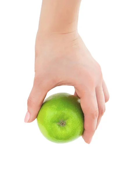 Mão Uma Pessoa Segurando Uma Maçã Verde Madura Fresca Isolada — Fotografia de Stock