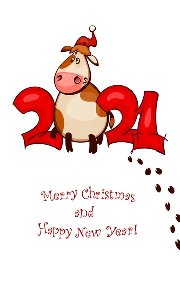 Happy New Year Kaart Ontwerp Met Schattige Kleine Cartoon Runderen — Stockvector