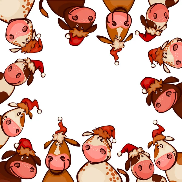 Happy New Year Frame Cute Little Cartoon Cattle Cows Bulls — стоковый вектор
