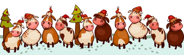 Happy New Year Banner Cute Little Cartoon Cattle Cows Bulls — Stock Vector
