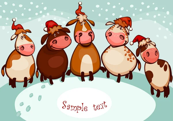 Happy New Year Card Design Cute Little Cartoon Cattle Cows Stock Vector