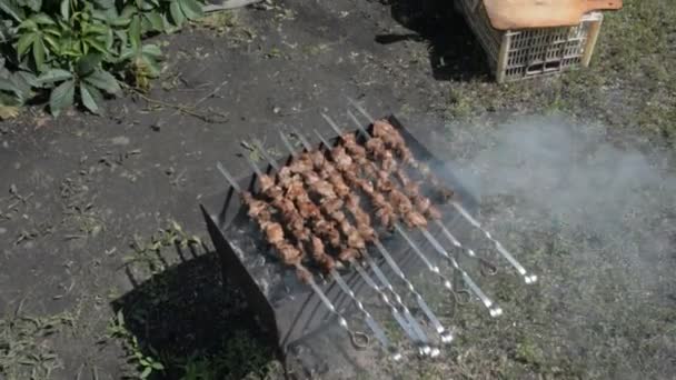 美味しい肉の串焼きバーベキューの準備. — ストック動画