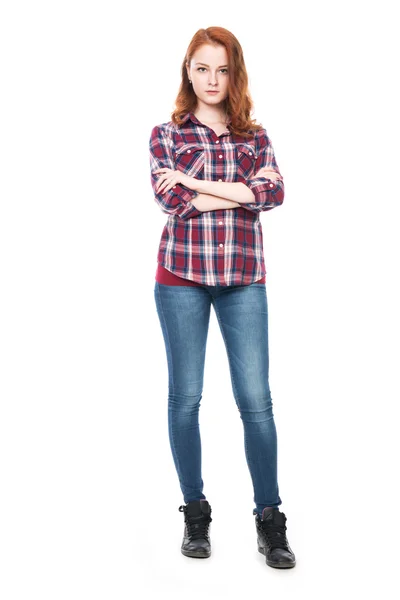 Young pretty curly woman in plaid shirt — Stock Photo, Image