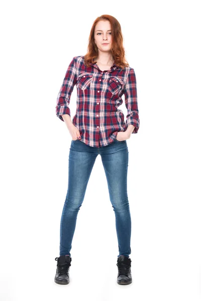 Young pretty curly woman in plaid shirt — Stock Photo, Image