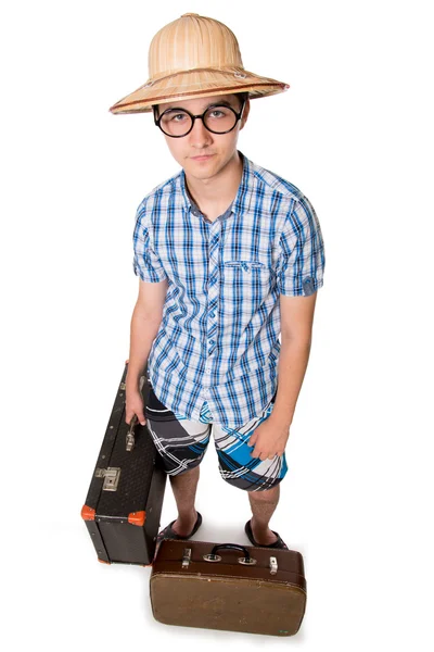 Young man in glasses with two bags ready to travel. — Stock Photo, Image