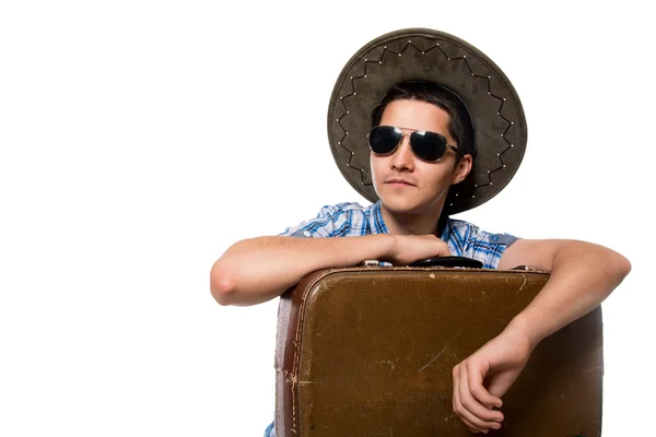 Portrait of a young tourist. Traveler sunglasses and a hat with — Stock Photo, Image