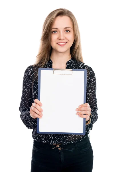 Schöne Geschäftsfrau mit weißem Banner — Stockfoto