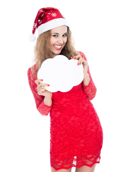 Girl in full growth in a Christmas hat holding banners in the fo — Stock Photo, Image