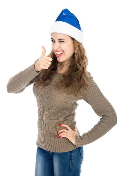 Feliz jovem bela mulher em roupas de inverno e santa chapéu thum — Fotografia de Stock