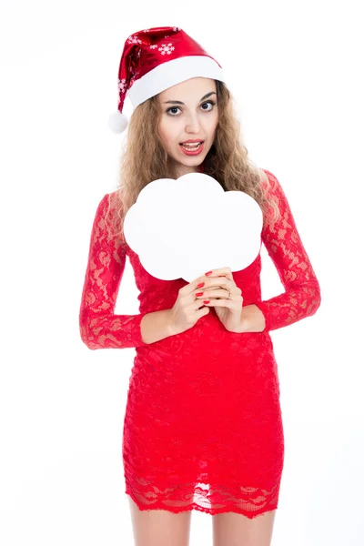 Girl in a Christmas hat holding banners in the form of clouds — Stock Photo, Image