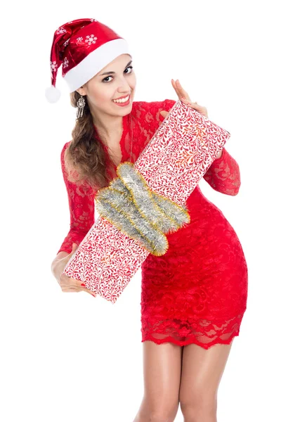 Beautiful christmas woman is holding gift — Stock Photo, Image