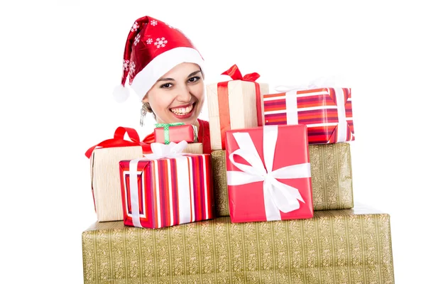 Beautiful christmas woman is holding gift in studio — Stock Photo, Image