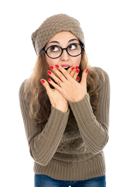 Beleza Mulher surpreendida isolado no fundo branco . — Fotografia de Stock