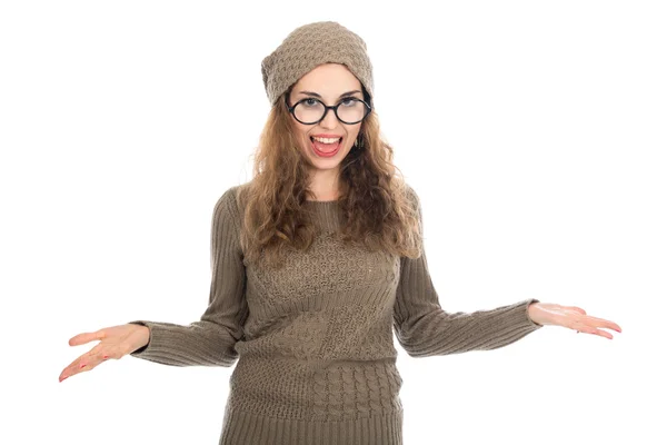 Surprised girl in glasses with arms spread apart. — Stock Photo, Image