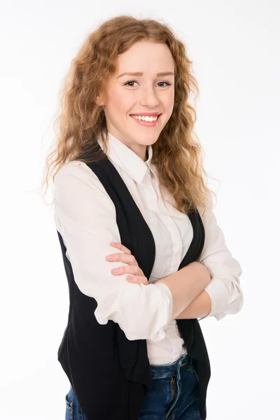 Atraente jovem alegre elegante com cabelo encaracolado . — Fotografia de Stock