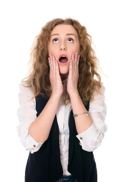 Portrait of surprised girl looking up. — Stock Photo, Image