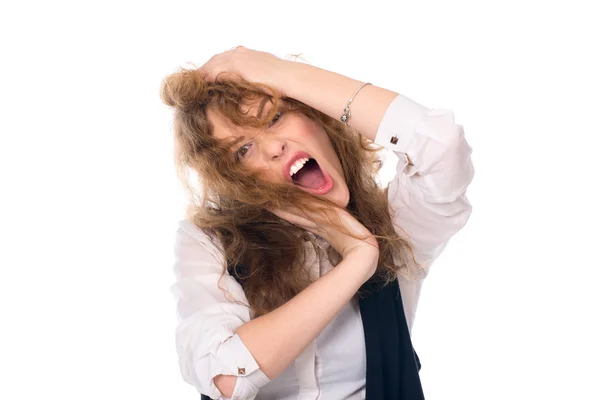 Close-up portrait of a young girl screaming. Stress business wom — Stock Photo, Image