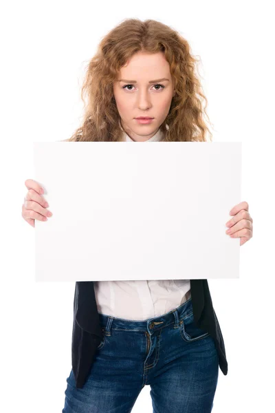 Zakelijke vrouw geïsoleerde portret. Meisje Toon grote lege bestuur — Stockfoto