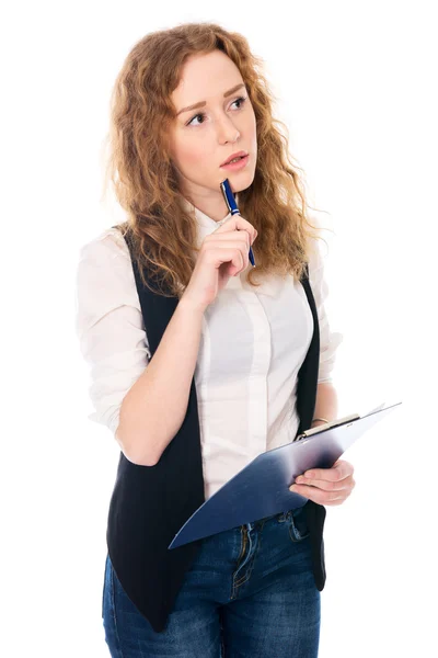 Jovem menina pensativa com notebook . — Fotografia de Stock