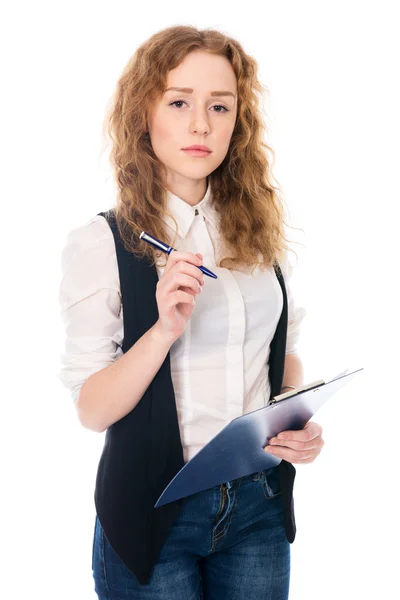 Mulher de negócios com caneta e comprimido para notas — Fotografia de Stock