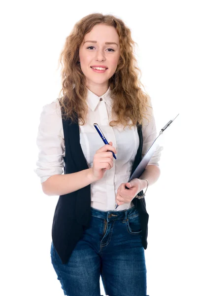 Cheerful business woman with pen and tablet for notes — Stock Photo, Image